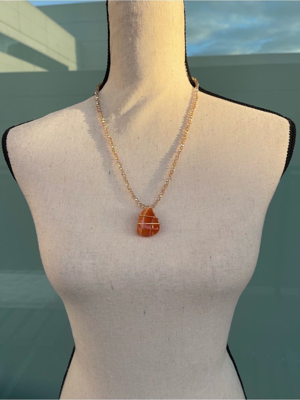 Orange Carnelian Gold Tone Wire Wrapped Necklace Champagne Glass Beads - Picture 2 of 4